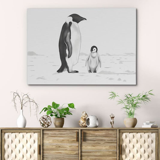 Black and White Penguins - Minimalist Wall Art in Black Frame