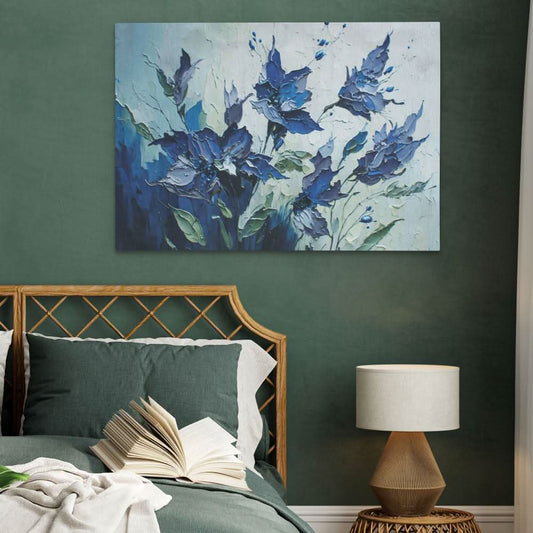 Blue Abstract Flowers - Abstract Wall Art in Black Frame