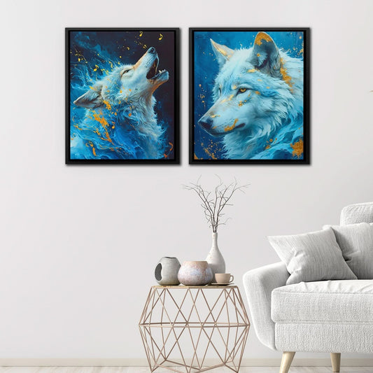 Blue Spirit Wolves - Abstract Wall Art in Black Frame