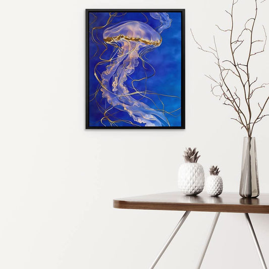 Celestial Blue Jellyfish - Abstract Wall Art in Black Frame
