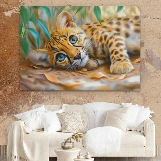 Curious Leopard Cub - Wall Art in Black Frame