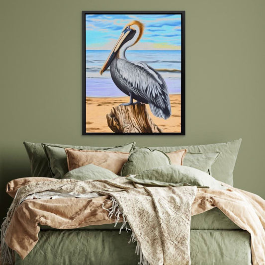 Driftwood Pelican Perch - Wall Art in Black Frame
