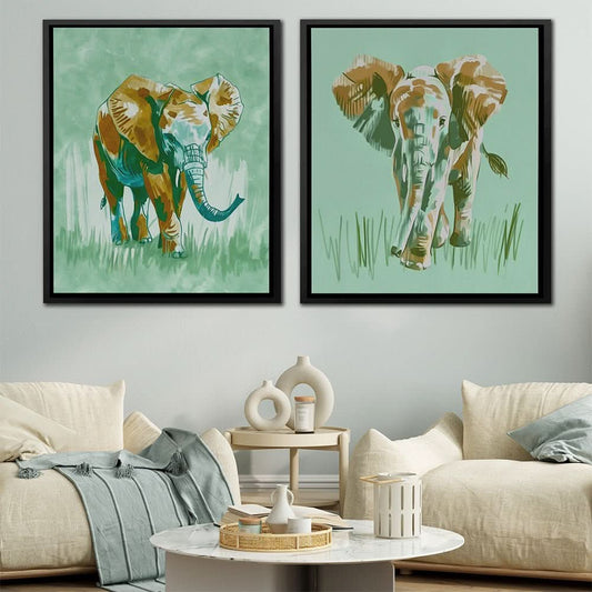Earthy Tones Elephant Pair - Bohemian Wall Art in Black Frame