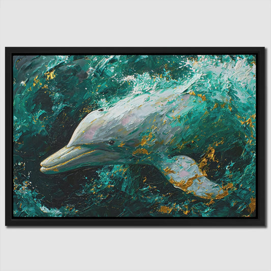 Emerald Gold Dolphin - Wall Art in Black Frame