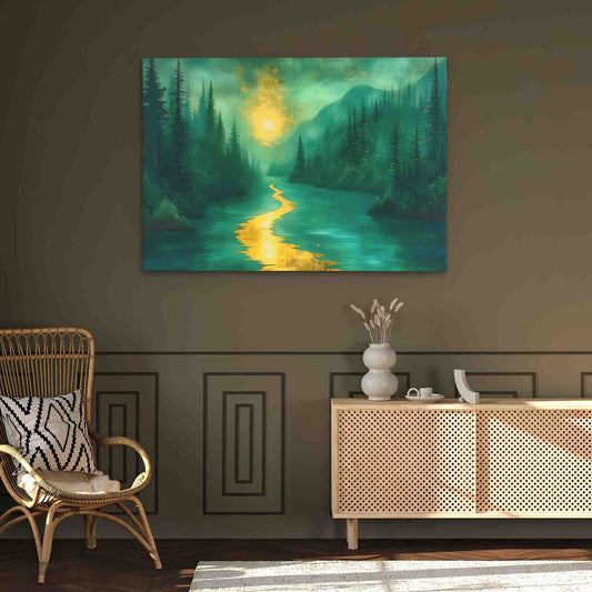 Gold Moonlit River - Watercolor Wall Art in Black Frame