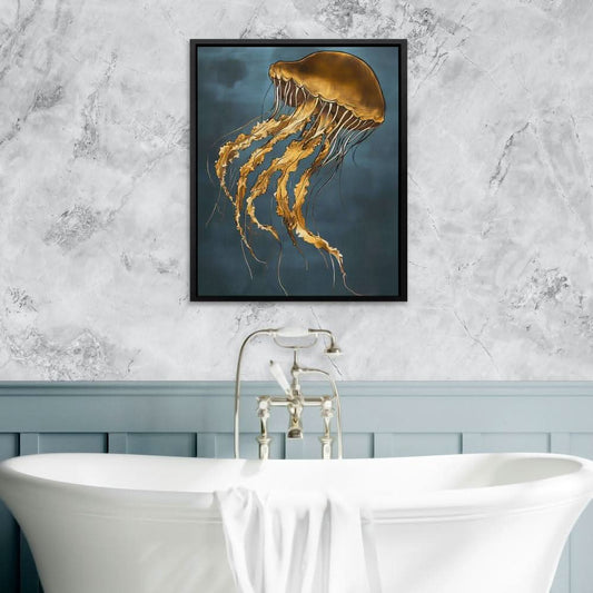 Golden Drift Jellyfish - Wall Art in Black Frame