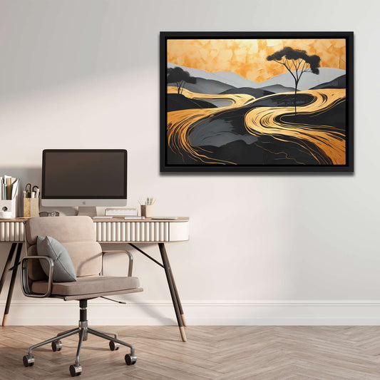Golden Pathways - Wall Art in Black Frame