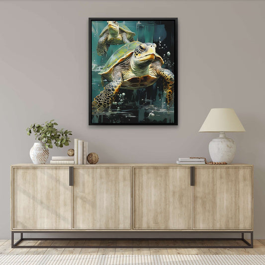 Green Turtles Swimming - Wall Art in Black Frame