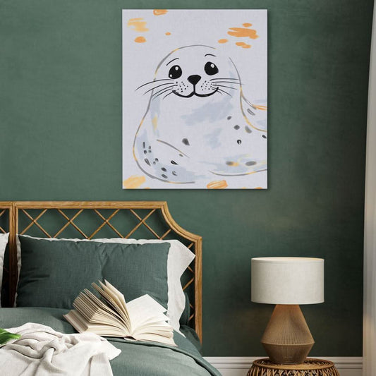 Grey and White Seal - Minimalist Wall Art in Black Frame