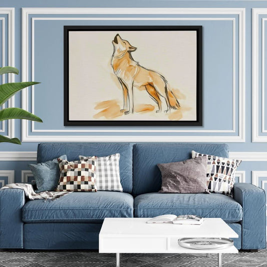 Howling Beige Wolf - Minimalist Wall Art in Black Frame