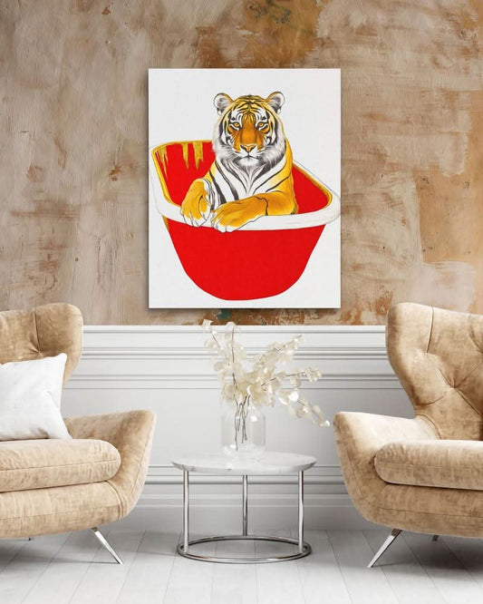 Luxury Tiger Bath - Contemporary Wall Art in Black Frame