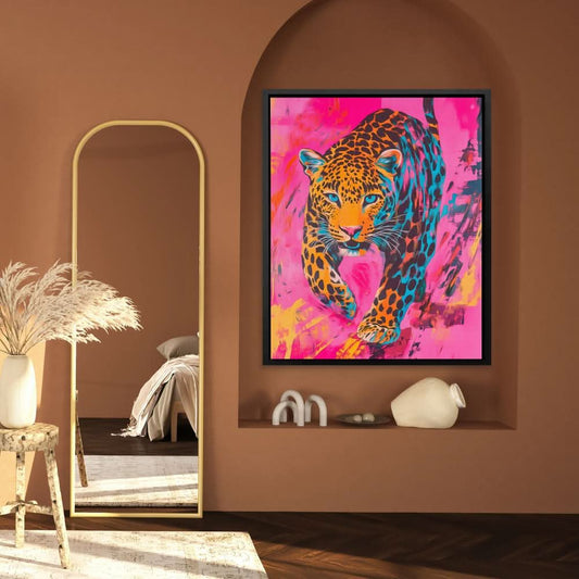 Neon Leopard Power - Abstract Wall Art in Black Frame