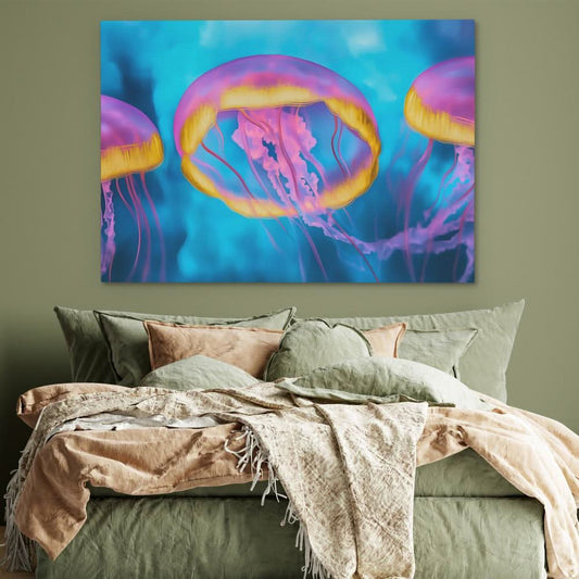 Pink and Blue Jellyfish - Wall Art in Black Frame