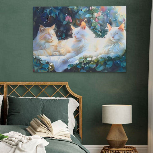 Sleeping White Cats - Wall Art in Black Frame