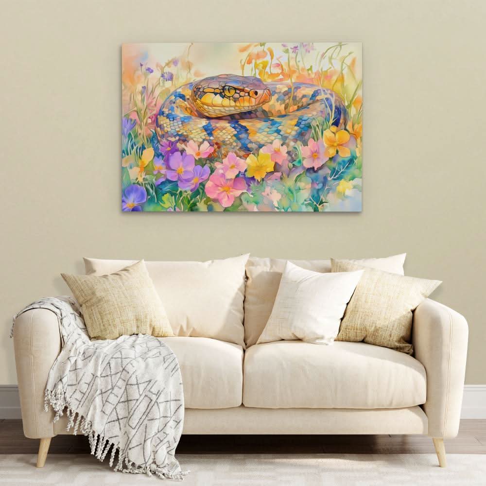 Snake in Flowers - Oversized Floral Canvas Wall Art