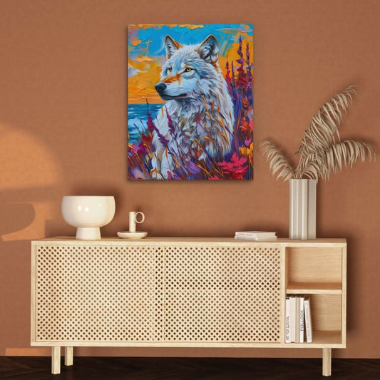 White Wolf Gazing - Abstract Wall Art in Black Frame
