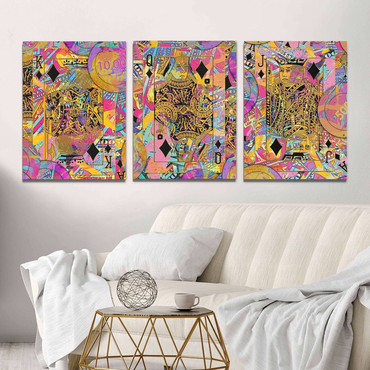 how to hang canvas wall art at eye level above a sofa, level and centered