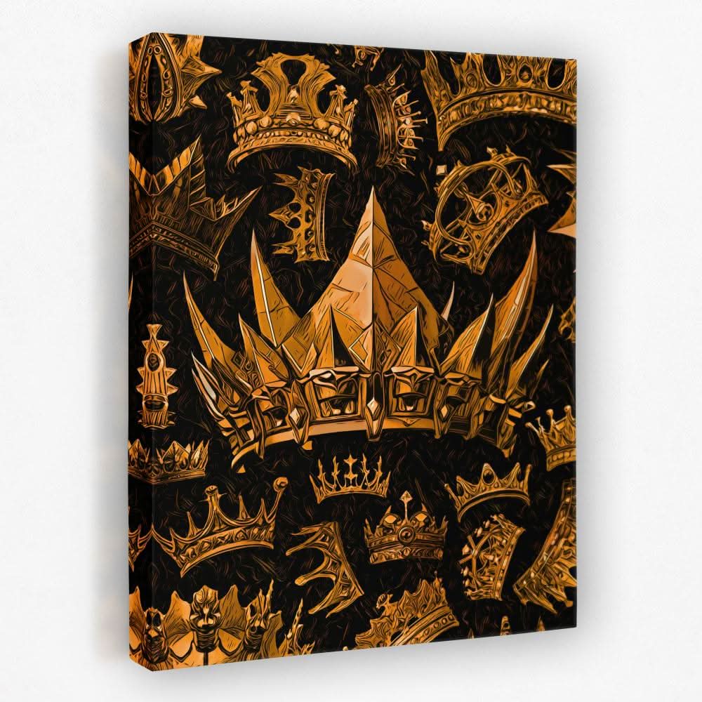 black and gold wall art canvas of a gold crown on a dark background above a living room sofa