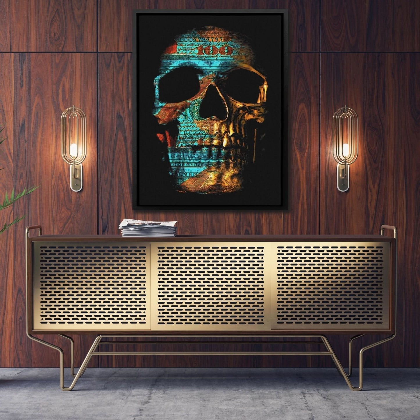 100$ Bill Skull - Macabre Wall Art in Black Frame