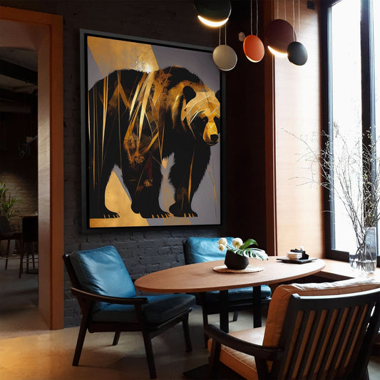 Abstract Black Gold Bear - Minimalist Wall Art in Black Frame