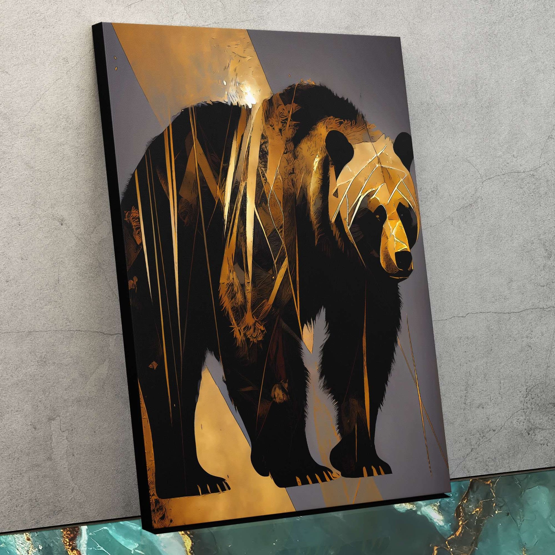Abstract Black Gold Bear - Minimalist Wall Art Print
