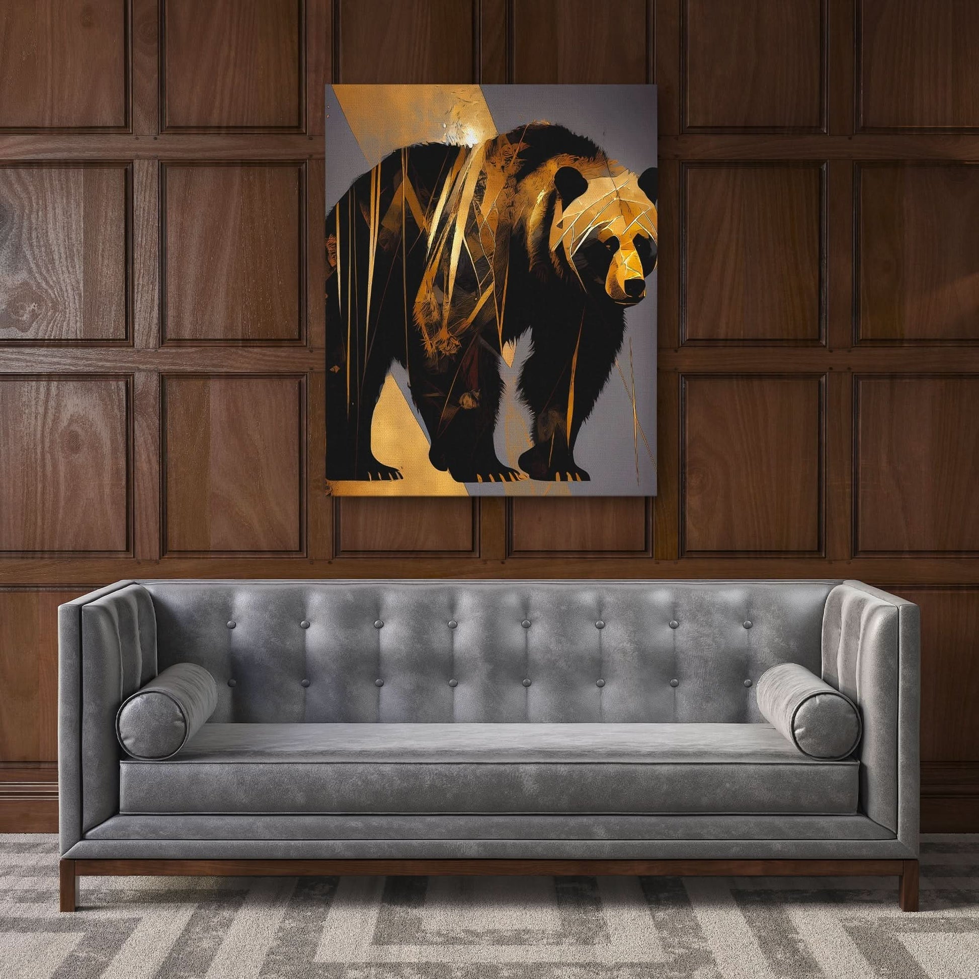 Abstract Black Gold Bear - Minimalist Black Canvas Wall Art