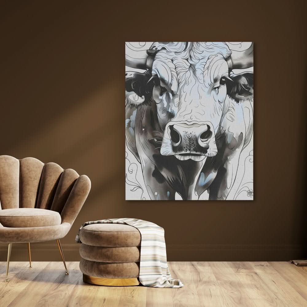 Abstract Cow Face - Black and White Wall Art in Black Frame