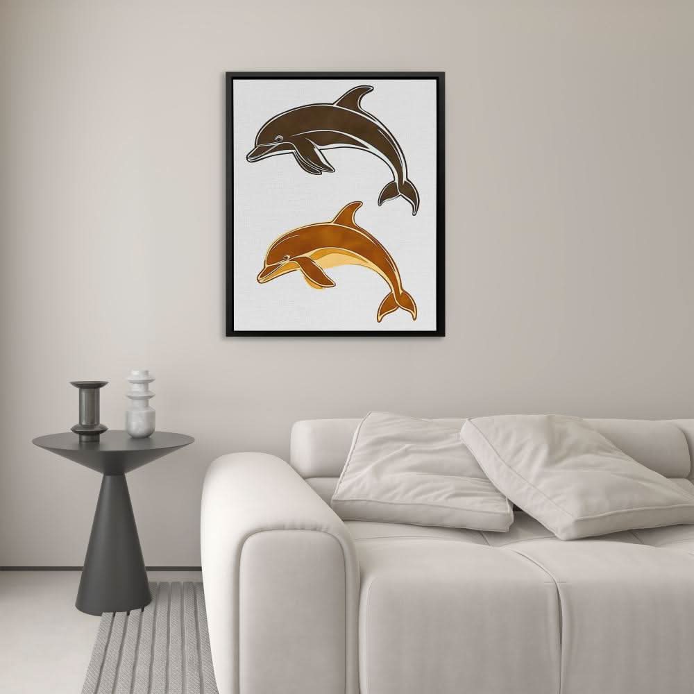Abstract Dolphin Duo - Coastal Wall Art in Black Frame