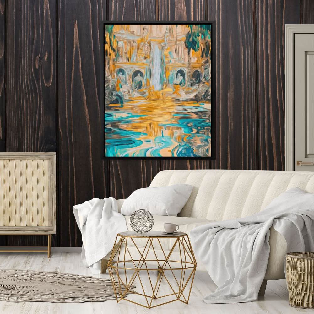 Abstract Golden Falls - Blue Gold and White Art for Bathroom