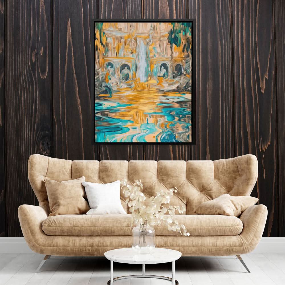 Abstract Golden Falls - Blue Wall Art for Bedroom