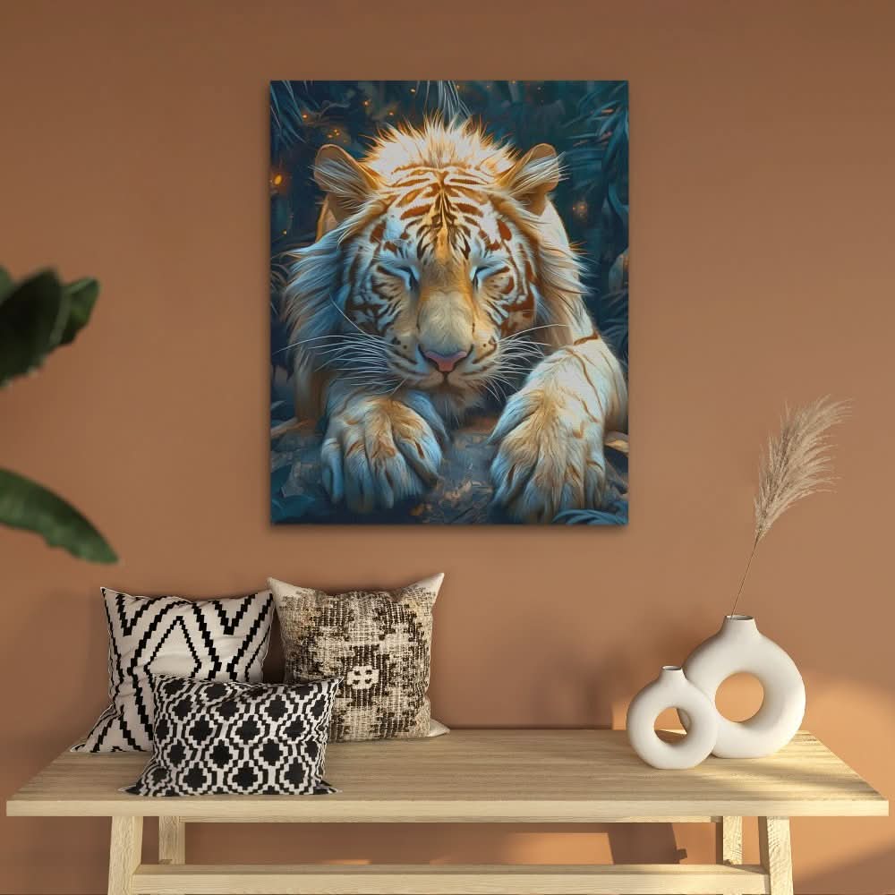 Albino Resting Tiger - Modern Wall Art in Black Frame
