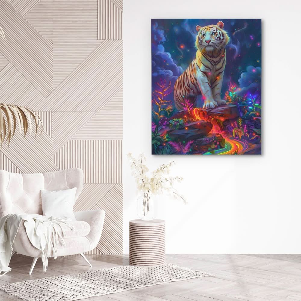 Albino Tiger Surrealism - Fantasy Colorful Canvas Wall Art