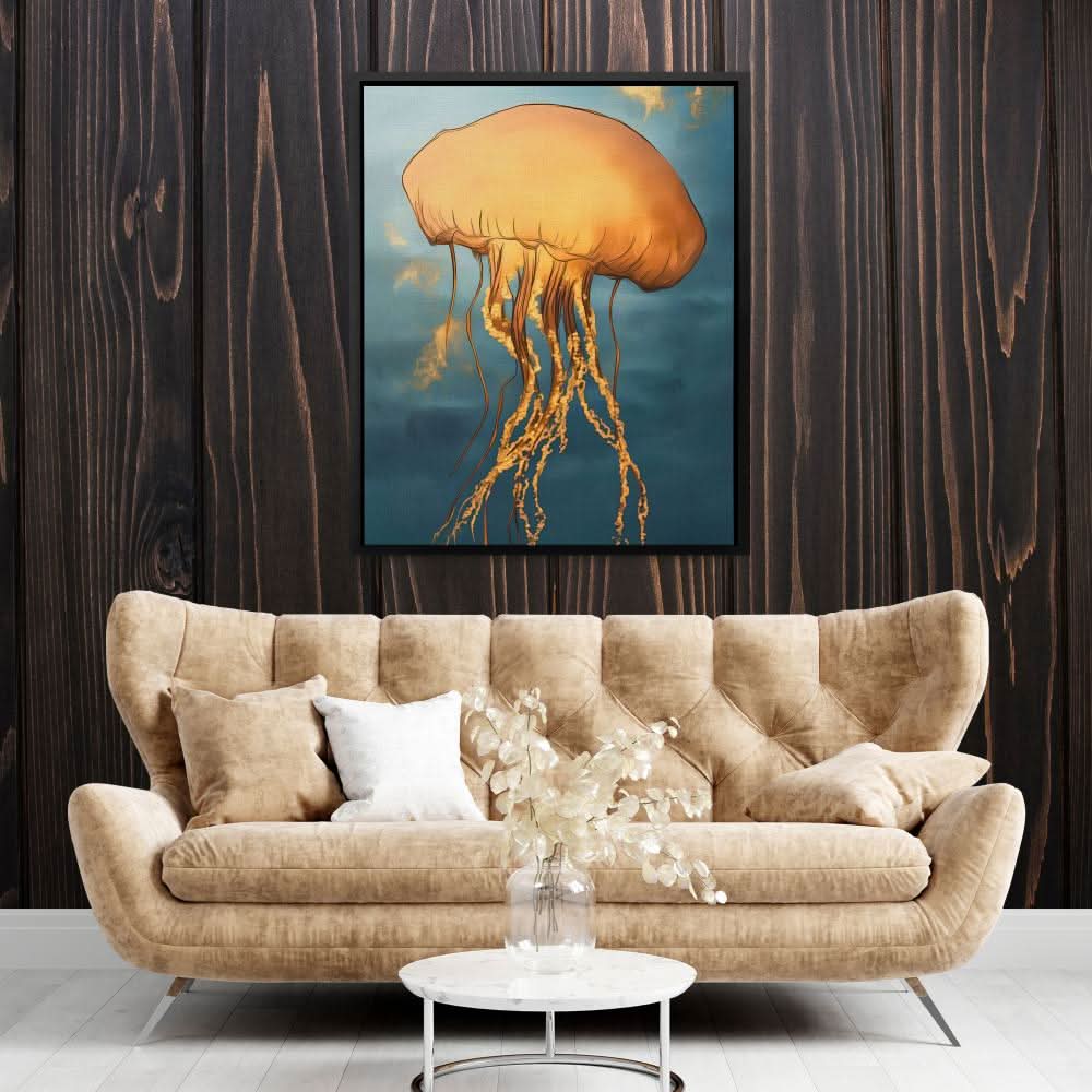 Amber Sky Jellyfish - Coastal Wall Art in Black Frame