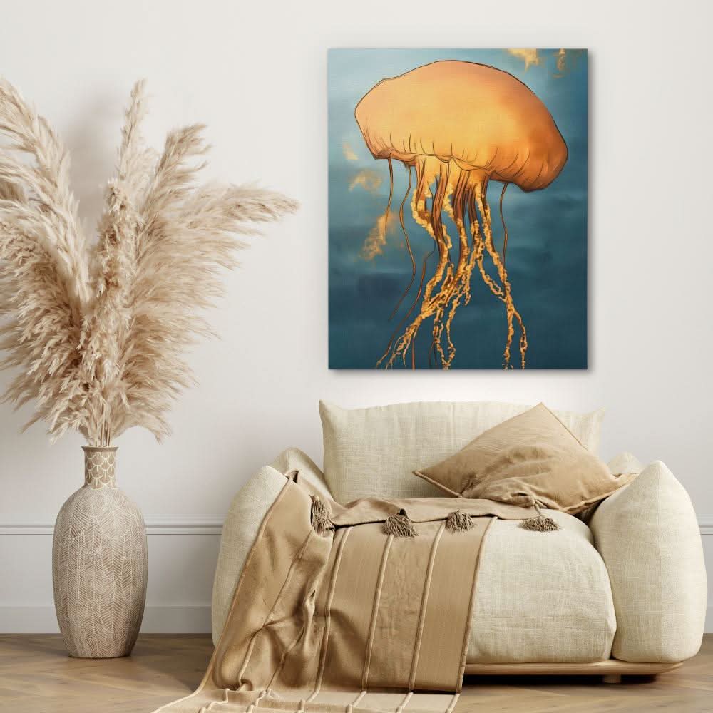 Amber Sky Jellyfish - Blue Wall Art for Bathroom