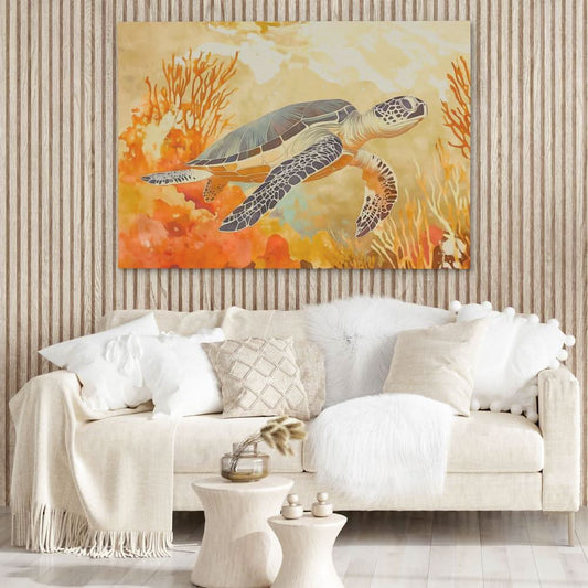 Amber Tide Turtle - Contemporary Wall Art in Black Frame