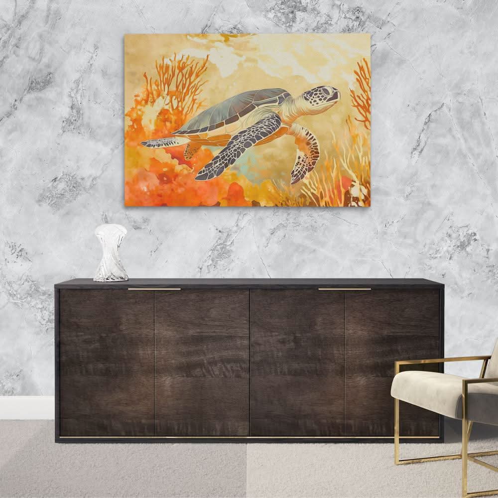 Amber Tide Turtle - Beach House Wall Art in Black Frame