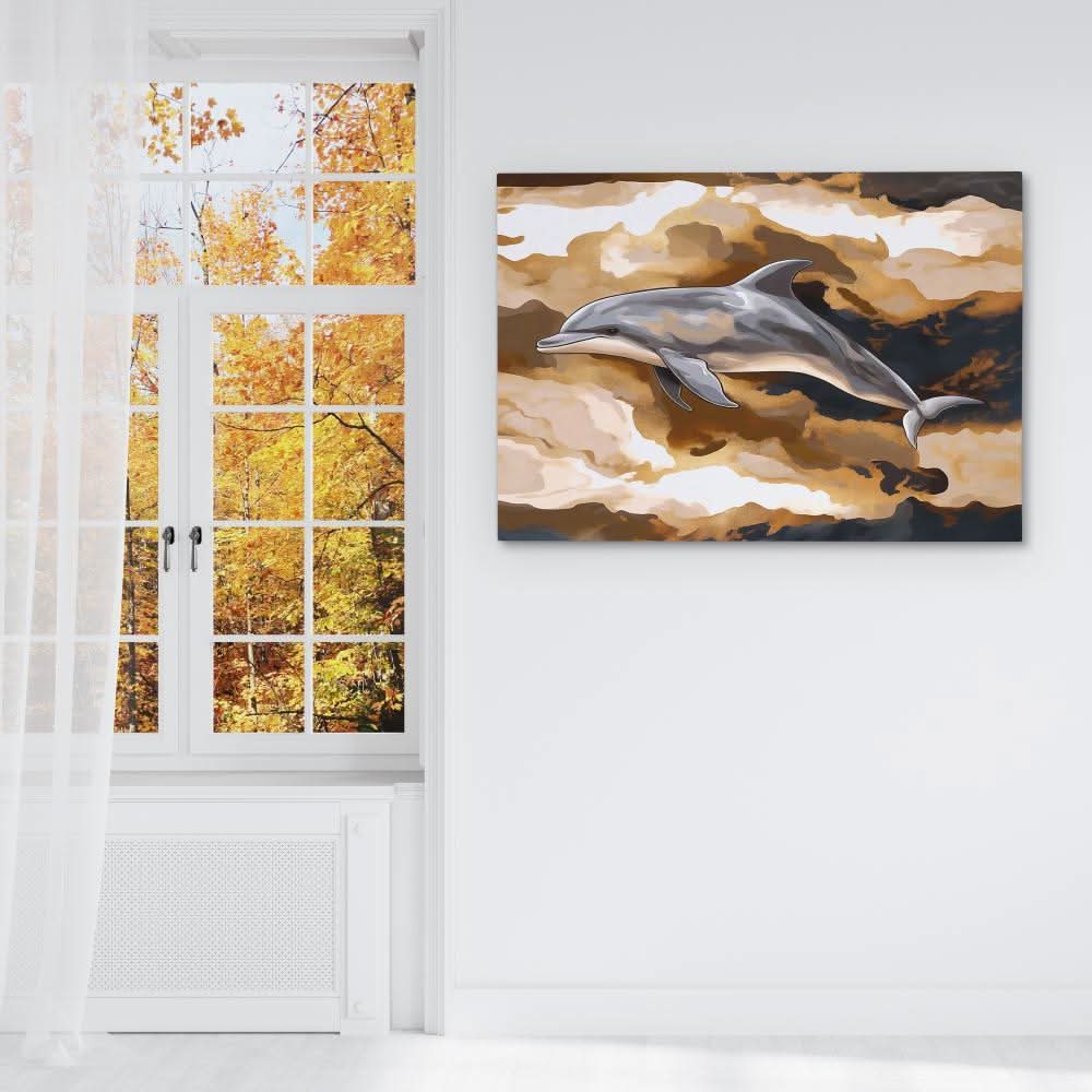 Amber Wave Dolphin - Beach House Wall Art in Black Frame