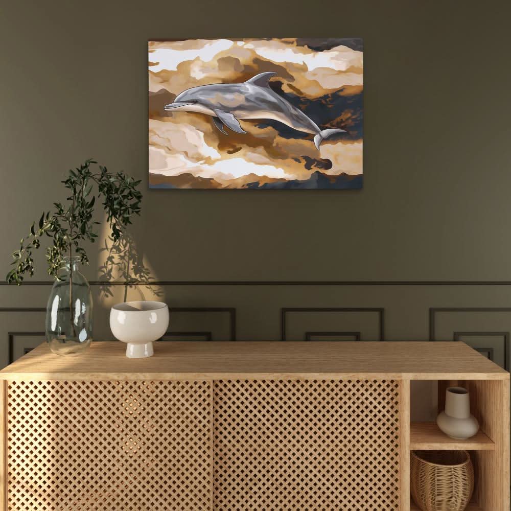 Amber Wave Dolphin - Contemporary Wall Art in Black Frame