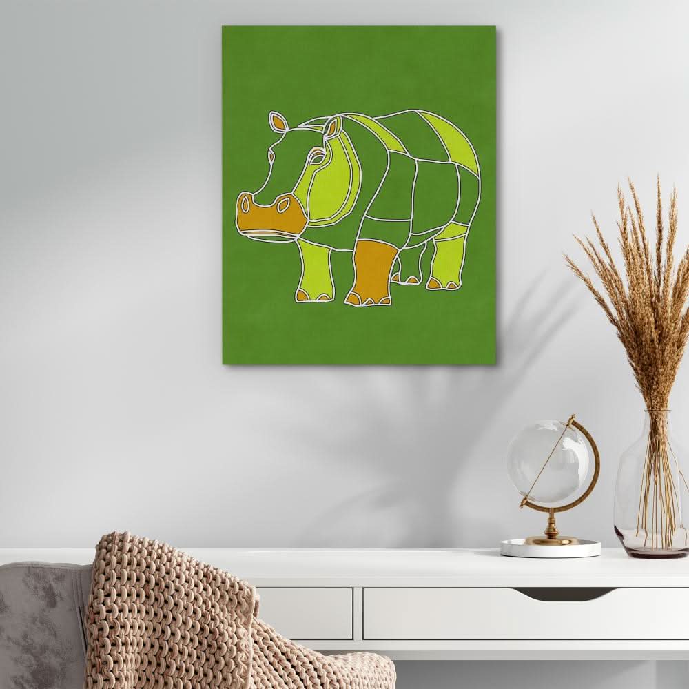 Apple Green Hippo - Minimalist Wall Art in Black Frame