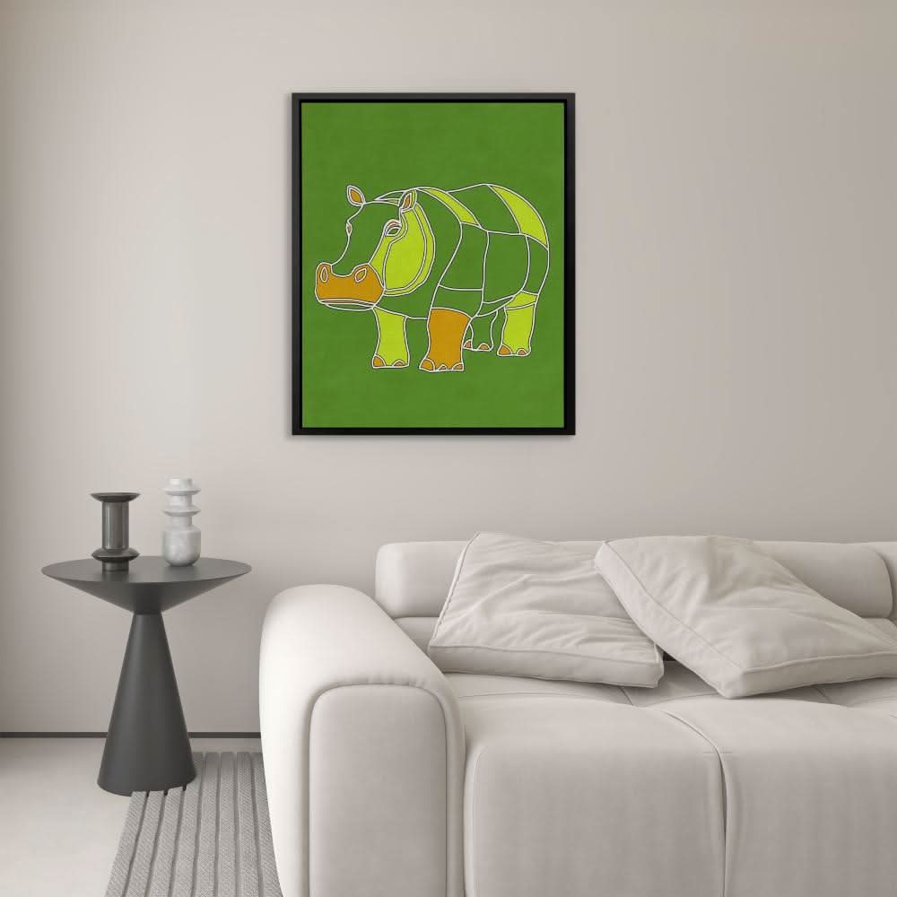 Apple Green Hippo - Doodle Wall Art in Black Frame