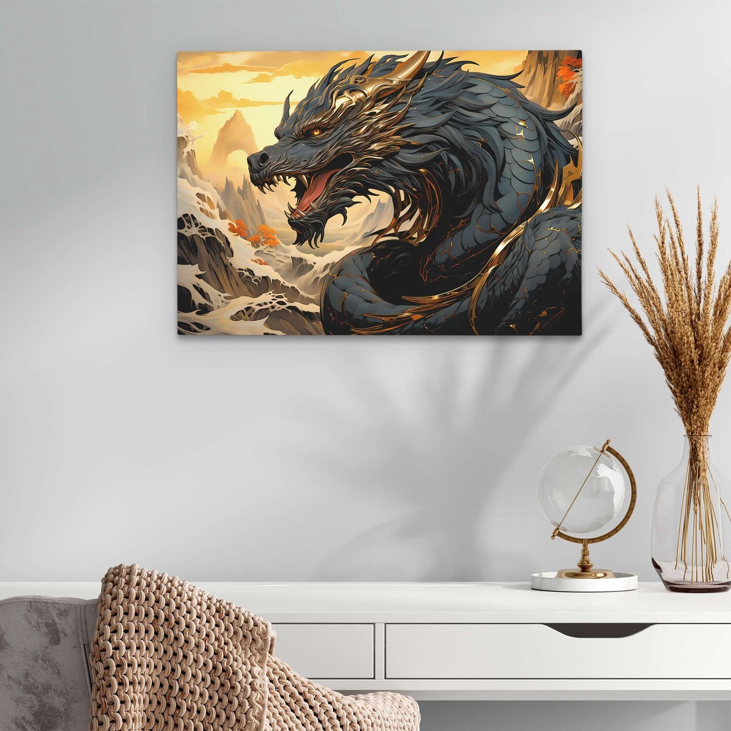 Asian Dragon - Horizontal Wall Art in Black Frame