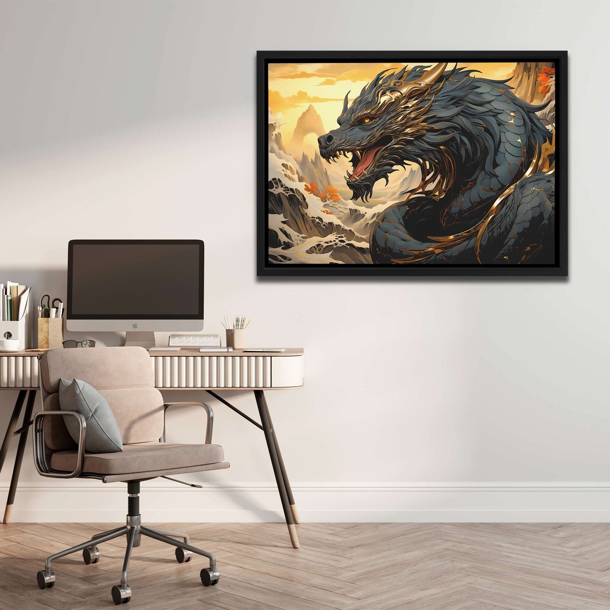 Asian Dragon - Black and Gold Wall Art for Living Room