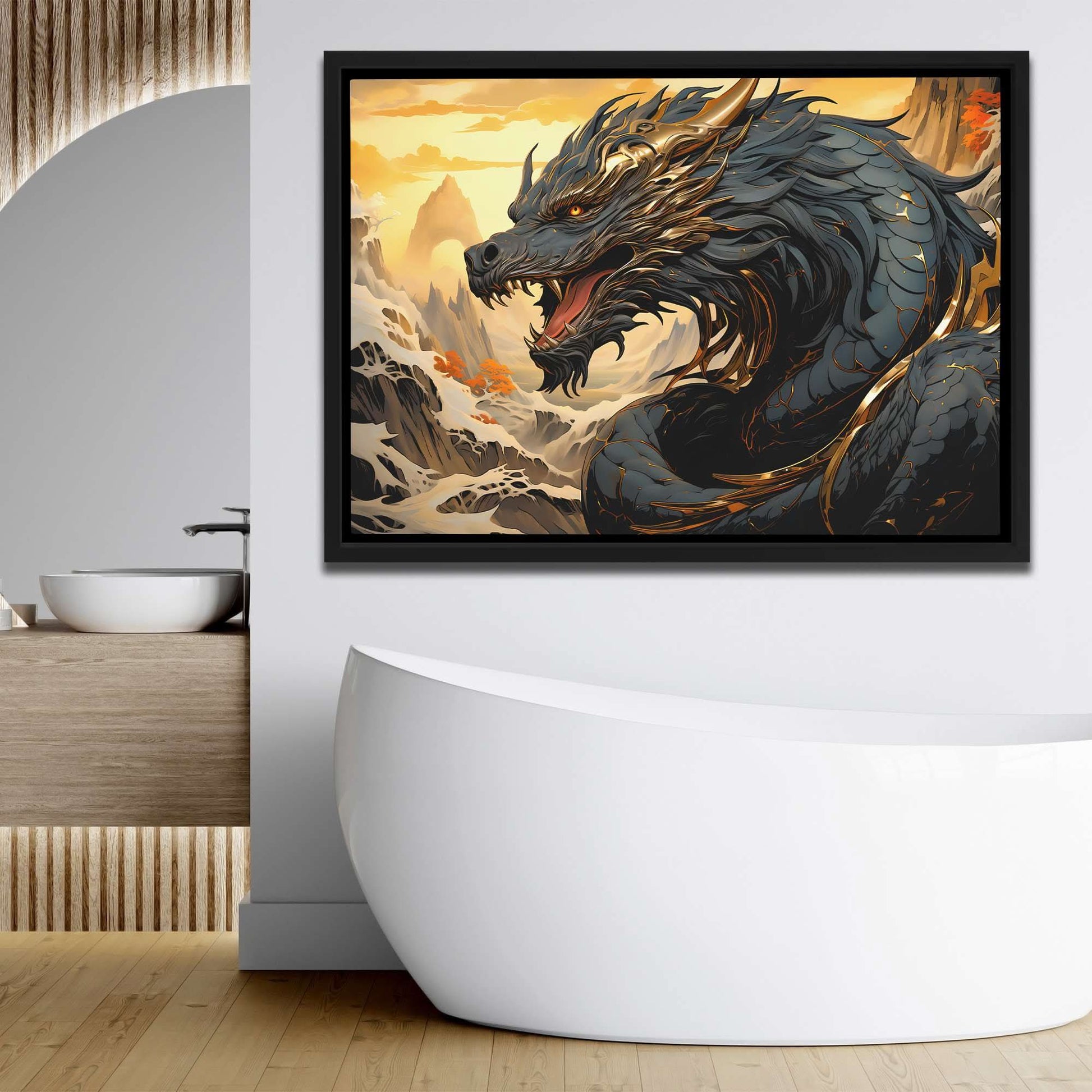 Asian Dragon - Fantasy Black and Gold Canvas Wall Art