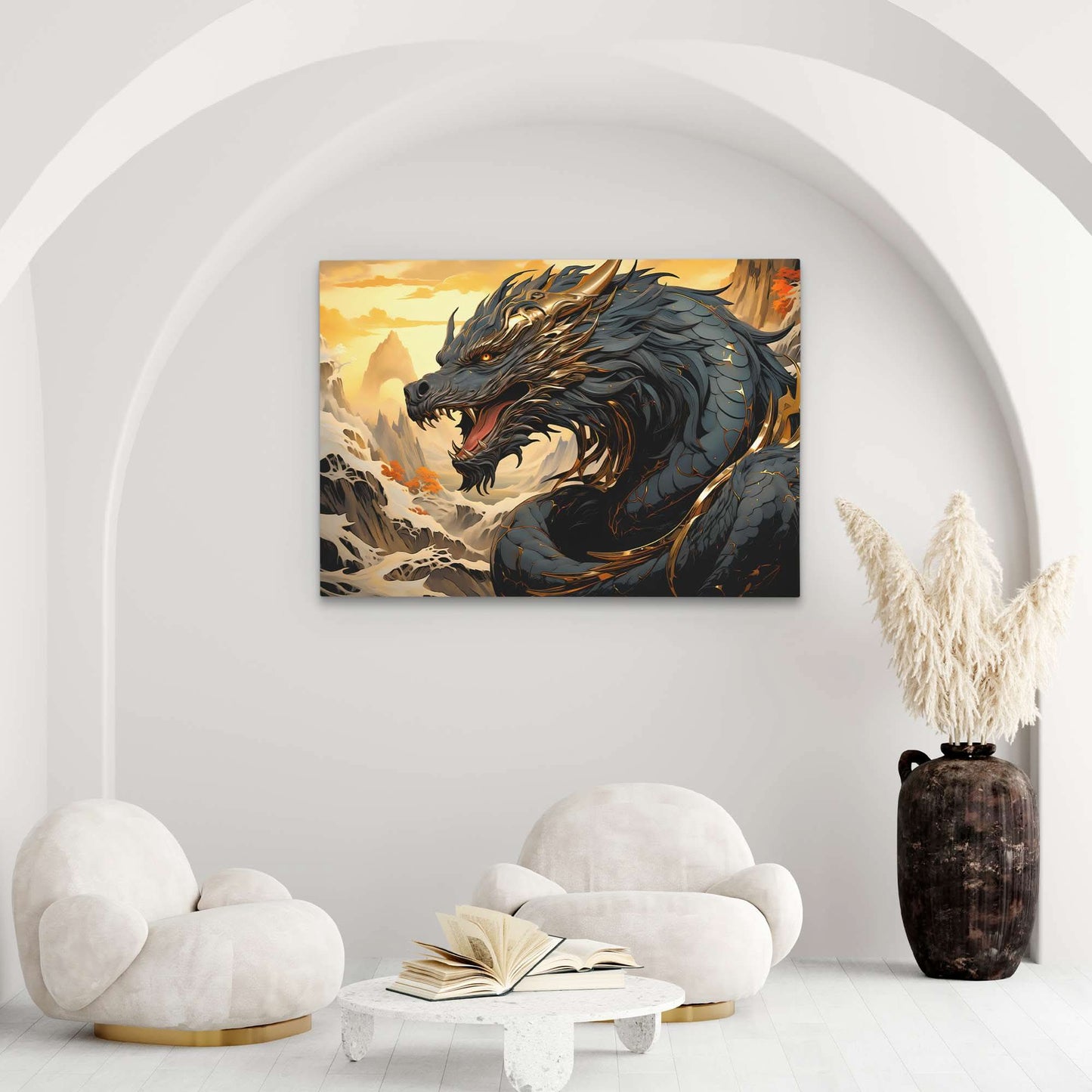 Asian Dragon - Black and Gold Horizontal Canvas Print
