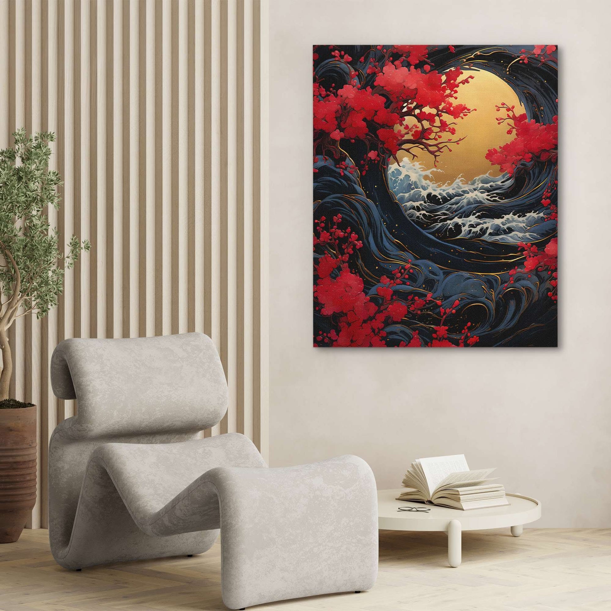 Asian Waves - Vertical Wall Art in Black Frame