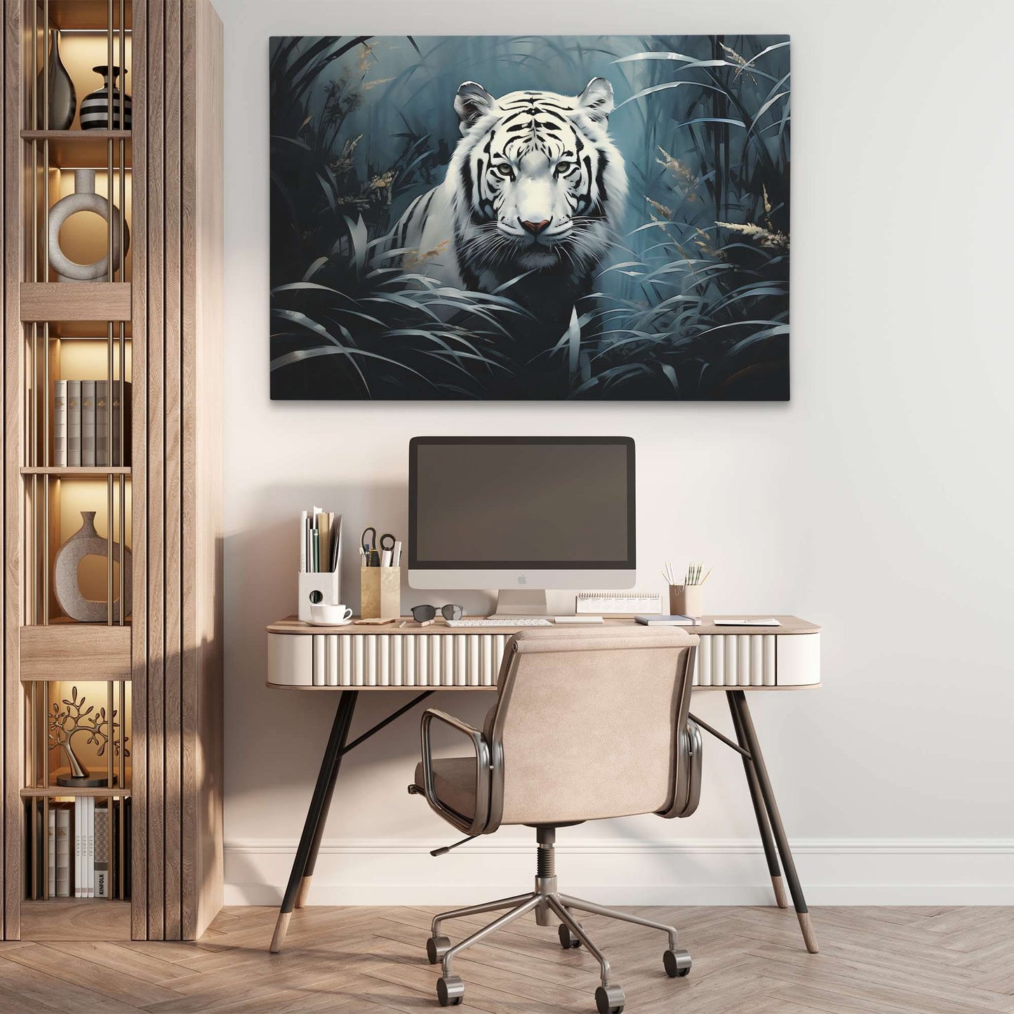 Asian White Tiger - Blue Canvas Wall Art