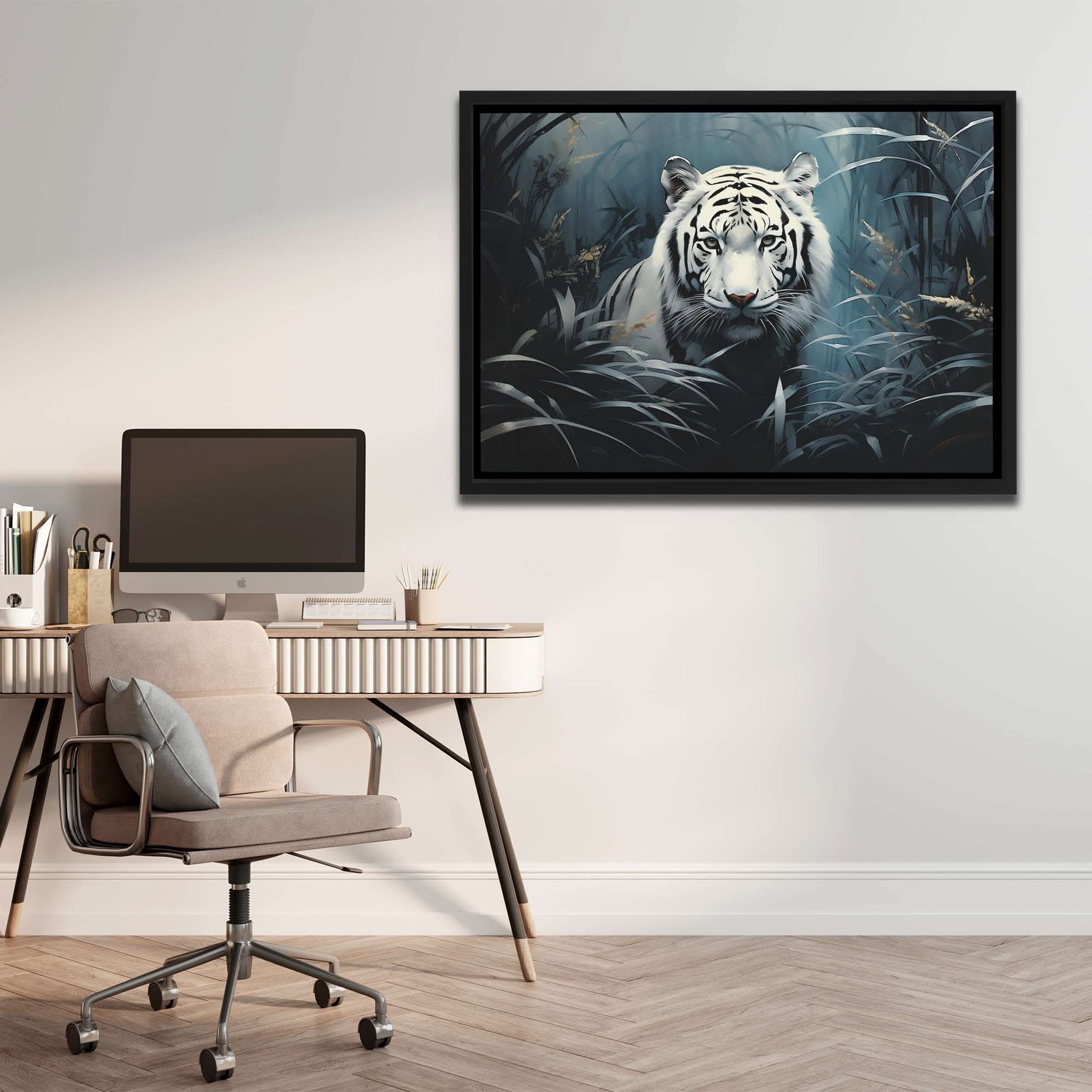 Asian White Tiger - Wall Art in Black Frame