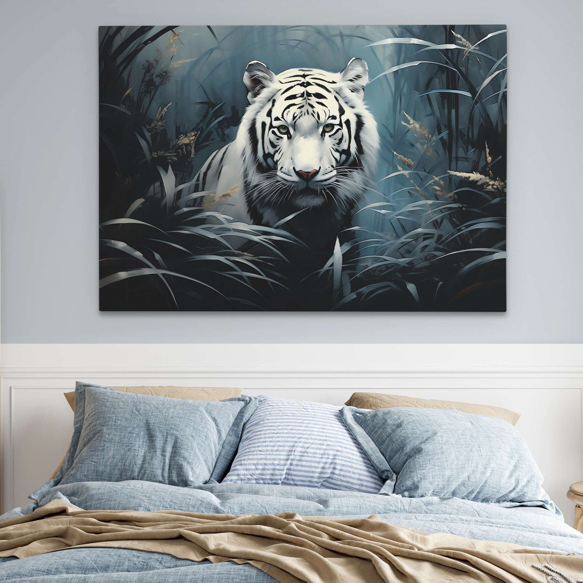 Asian White Tiger - Big Cat Wall Art in Black Frame