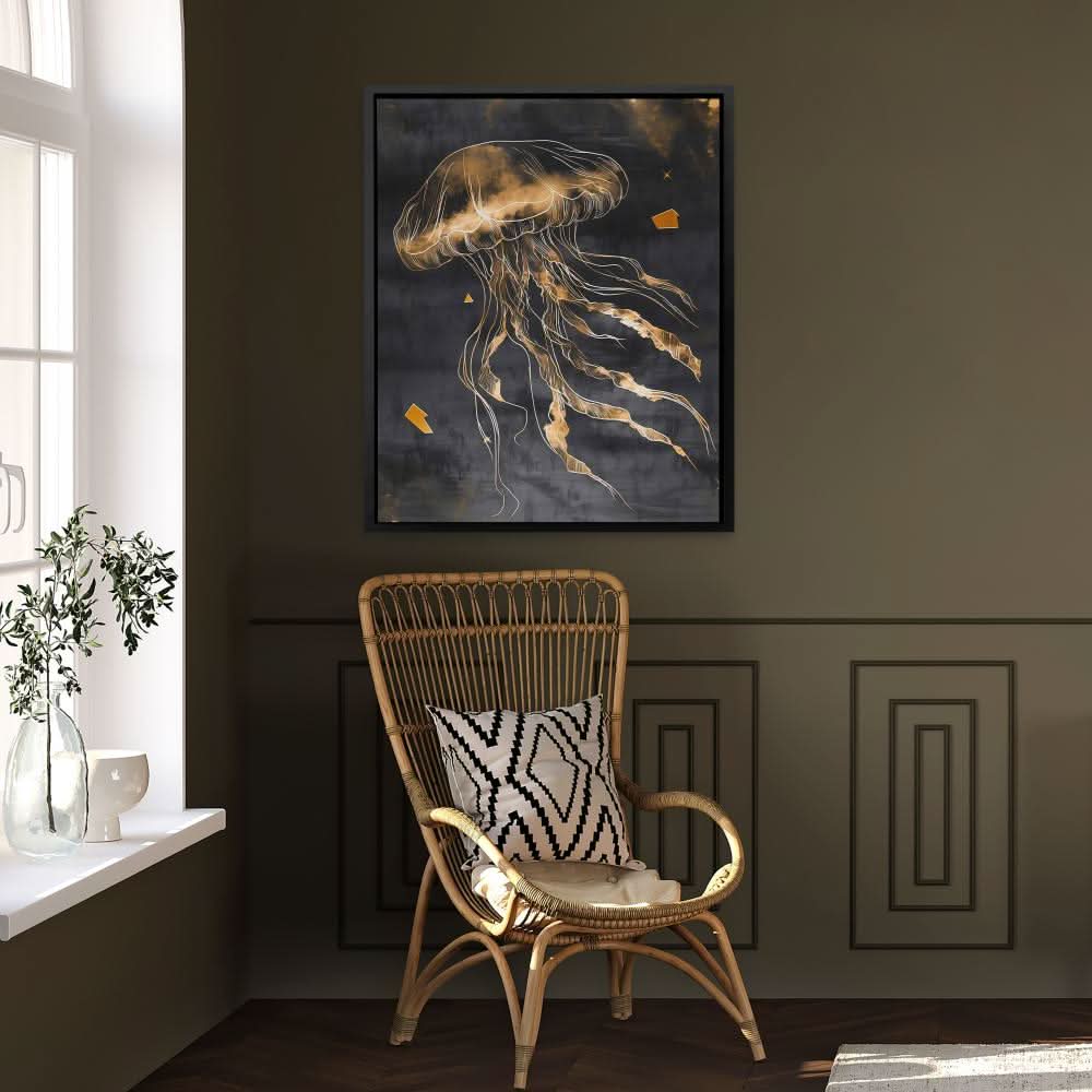 Aureate Drift - Minimalist Wall Art in Black Frame