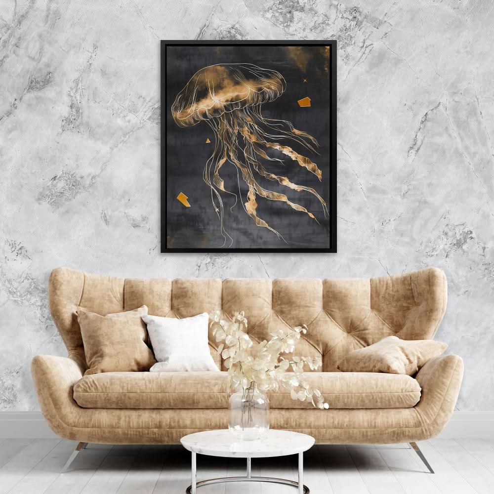 Aureate Drift - Jellyfish Wall Art in Black Frame